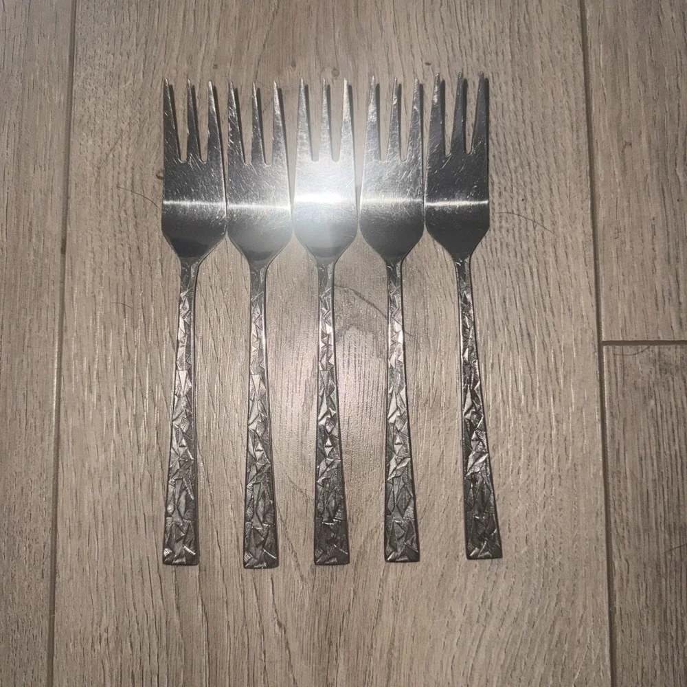 5 Towle SCC Cubist Stainless Flatware Salad Forks Aquarius Pattern Japan MCM,50s